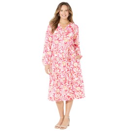 Catherines Women's Plus Size Liz&Me Peasant Wrap Dress - 2X, Pink Burst Paisley