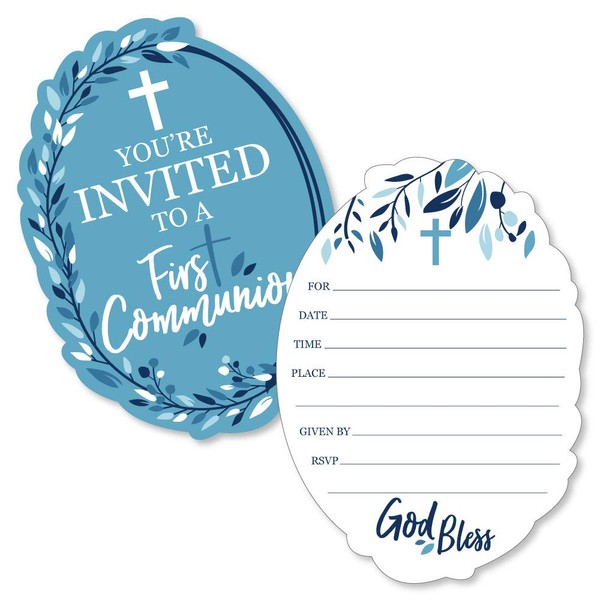 First Communion Blue Elegant Cross - Shaped Fill-In Invitations - Boy Religious Party Invitation Cards with Envelopes - Set of 12