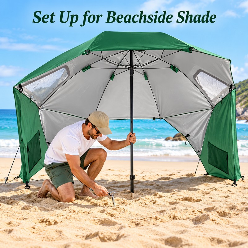 UPF 50+ Beach Umbrella with Sand Anchor, 94 Inch Windproof