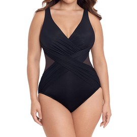Miraclesuit Women's Swimwear Plus Size Illusionist Crossover Tummy Control V-Neckline Soft Cups One Piece Swimsuit, Black, 18W