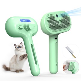 Pet Grooming Brush with Electronic Mist Spray - Gentle Deshedding Tool for Cats & Dogs, Pet Steam Brush，Reduces Shedding, Soft Bristles, Promotes Healthy Coat-Comes with a hair smoothing comb-Greener