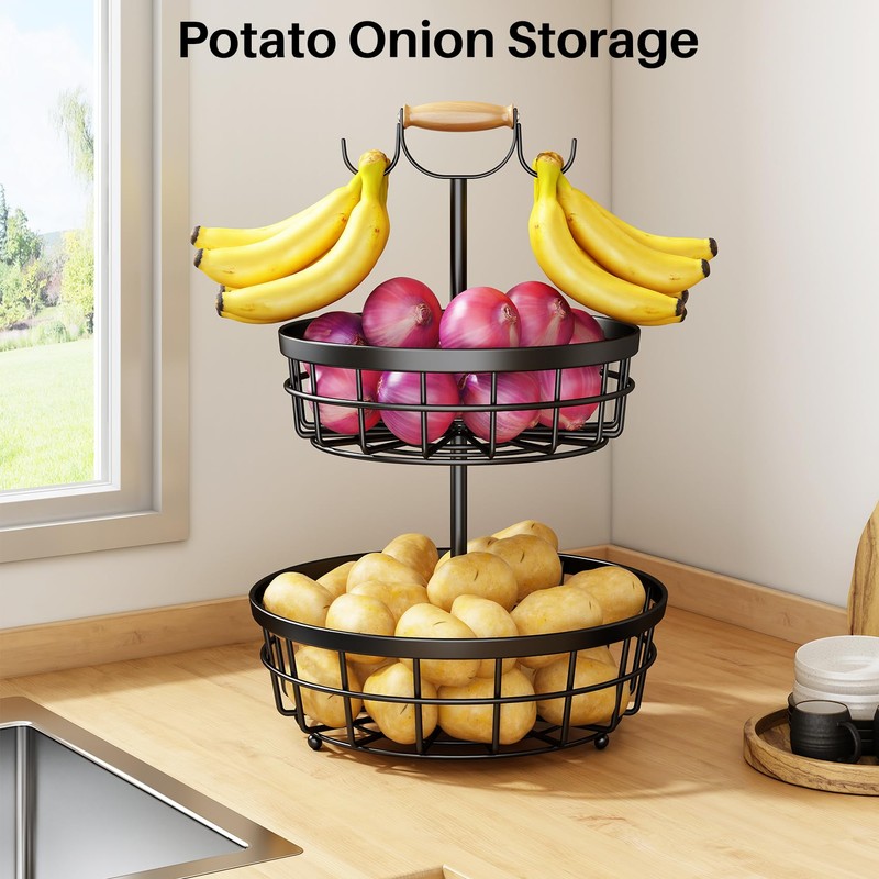 SAYZH 2-Tier Fruit Basket Bowl Vegetable Storage with Dual Banana