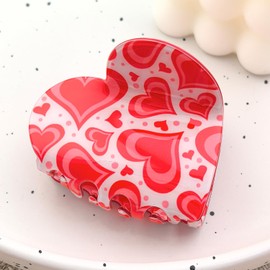 Heart Pattern Print Heart Shape Hair Claws 2.6" Pink Hair Clips for Women Girls Thinning Medium Hair Accessories, Style A