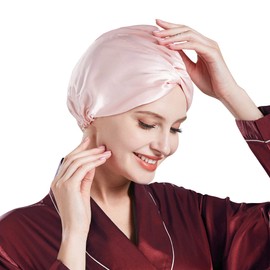 Miwen Gorra de dormir de seda, turbante de seda de morera pura, envoltura de pelo y cubierta para la cabeza, capó para el cuidado del cabello, Rosa/Rebel Fun., Large