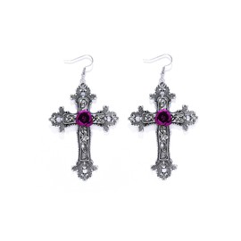 Vintage Gothic Cross Rose Earrings Dark Punk Style Large Cross Flower Dangle Drop Earrings Red Black Purple Rose Flower Earrings Goth Earrings Christmas New Year Halloween Jewelry for Women (Purple)