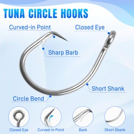 Tuna Circle Hooks Stainless Steel Big Game Saltwater Fishing Hooks Short Shank 2X Extra Strong Shank Circle Hook for Tuna Swordfish Shark 20pcs