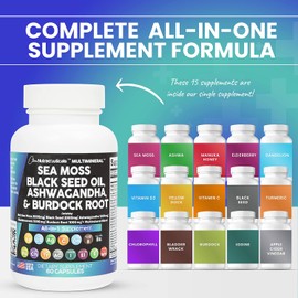 Ultimate Wellness Fusion: Sea Moss 3000mg, Black Seed Oil 2000mg, Ashwagandha 1000mg, Turmeric 1000mg, Bladderwrack 1000mg, Burdock 1000mg, and Vitamin C & D3 with Elderberry, Manuka, Dandelion, Yellow Dock, Iodine, Chlorophyll, and ACV