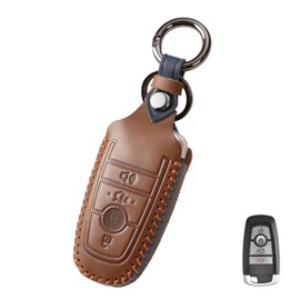MILD EAST for Ford Leather Car Key Cover, Remote Key Fob Cover Compatible with F150 F250 F350 F450 F550 Lincoln Mustang Fusion Expedition Explorer Escape Edge (4 Buttons,Brown)