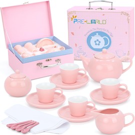 Porcelain Tea Party Set for Girls, PRE-WORLD Princess Tea Time Toy Including Teapot,Saucers,Teacups,Sugar Bowl,Creamer Pitcher,Spoons & Tablecloth, Kids Kitchen Pretend Play Toys Gift for Girls Pink