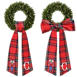 2Pcs Christmas Wreath Sash for Front Door Xmas Wreath Sash Embroidery Monogram Satin Wreath Sash Red Plaid Nutcracker Wreath Satin Sash for Wreath Accessories Yard Doorway Indoor Wall Decor Letter C
