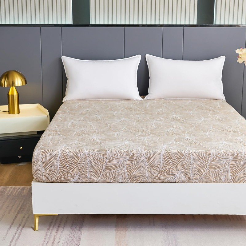 Jemiipee Double Fitted Sheet Beige Tropical Leaves Pattern, 30 cm