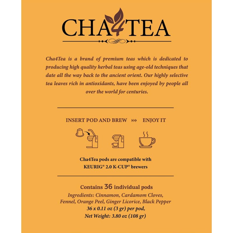 Cha4TEA 36-Count Herbal Chai Tea Pods for Keurig K-Cup Brewers
