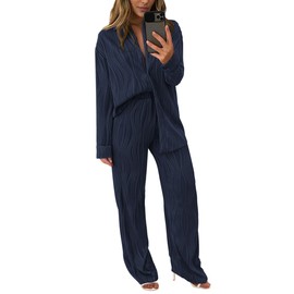 PRETTYGARDEN Women's 2 Piece Sets 2025 Fall Casual Textured Button Down Shirt Wide Leg Pants Outfits Loungewear Tracksuit (Dark Blue,X-Large)