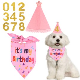Dog Birthday Decoration, Dog Birthday Outfit Scarf Adjustable Pink Puppy Party Bandana Set Dogs Parties Gift Outfit with Star Number for Boys Girls Large Medium Small Dogs Pets Decoration Supplies