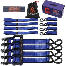 A ANTELOPE Ratchet Tie Strap Set of 4-5250 LBS Breaking Strength, 1.5" x 8' Ratchet Straps with 4 Soft Rings, Coated S-Hooks, and Soft Padded Handles for Secure Motorcycles, Trucks, Trailers (Blue)