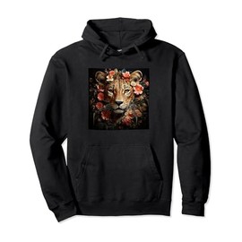 Leopard With Flowers Around Boho Style Graphic Pullover Hoodie