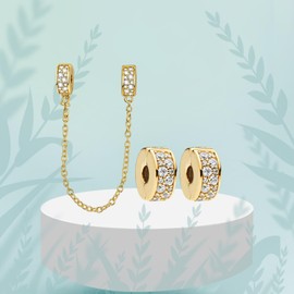 Doyafer 925 Sterling Silber Gold Runde Clips Charms Sicherheitskette Set Gold Clip Perlen Kette Charms für Armbänder Frauen Perlen Freunde Familie Geschenk