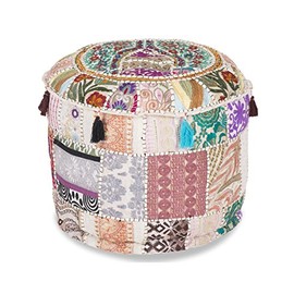 White Indian Traditional Home Decorative Ottoman Handmade and Patchwork Foot Stool Floor Cushion Cover, 58 X 33 Cm or 22 X14 inches