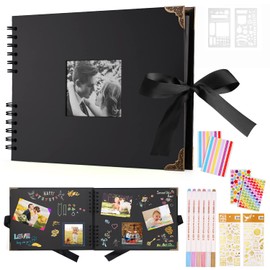 DazSpirit Scrapbook Photo Album - 80 Page DIY Memory Book, Interchangeable Cover, 160 Photo Capacity with Metal Pens, Stickers & Templates - Perfect for Weddings, Travel, Baby Milestones(Black)
