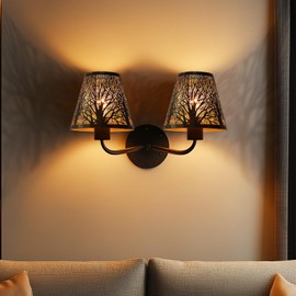 Small Lamp Shades Set of 2 Clip On Bulb, Barrel Metal Lampshades for Table Chandeliers Wall Floor Lamp Replacement, 4" Top x 7" Bottom x 6" High, Bronze Gold Forest Tree Pattern