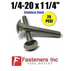 Redding Fasteners (Qty 25) 1/4-20 x 1 1/4" Stainless Steel Carriage Bolt 18-8 / 304