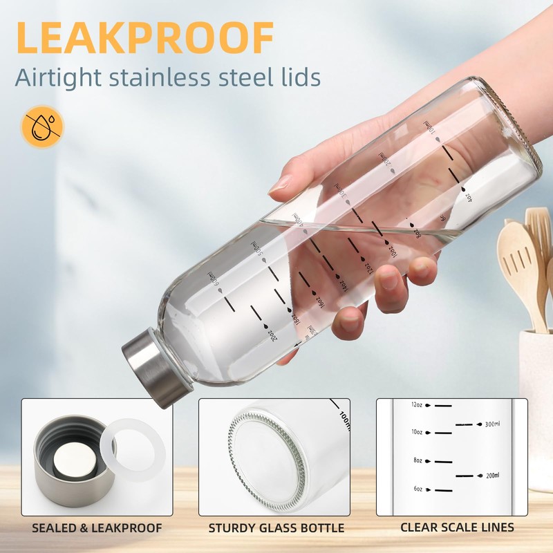 Olivego Glass Water Bottles with Lids 25 oz, Clear Glass