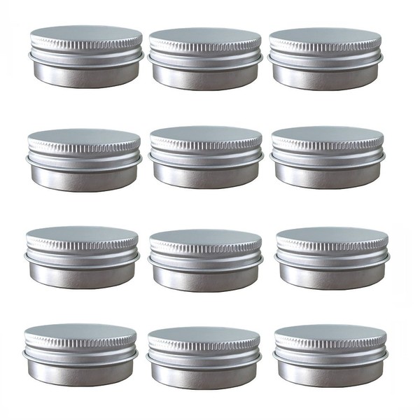 Aluminum Tin Jars, Cosmetic Sample Metal Tins Empty Container Bulk, Round Pot Screw Cap Lid, Small Ounce for Candle, Lip Balm, Salve, Make Up, Eye Shadow, Powder (12 Pack, 1 Oz/30ml)