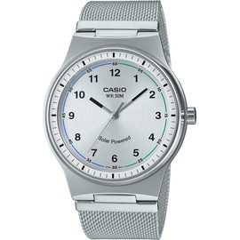 Casio MTP-RS105 Series Standard Solar Analog Wristwatch, Waterproof to 5 ATM, Men's, Silver Mesh Metal Band MTP-RS105M-7BV, Bracelet Type