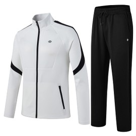 MoFiz Men's Tracksuits Set Long Sleeve Causal Full Zip Running Sports Sweatsuit For Men 2 Piece Outfits Jacket With Pockets White Black M