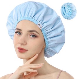 ‌Reusable Shower Caps Women - Dual-Layer Waterproof Hair Protector with Pattern/Solid Design, Multi-Scenario Use, Cooking & Travel (Black, One Size) - Color: Blue, Size: One Size