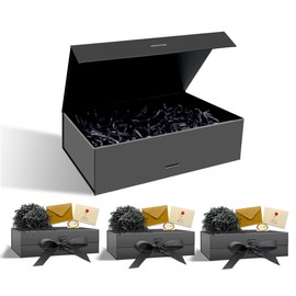 RUIXUE Black Gift Box 3 Packs 22x16x8 cm,Gift Boxes with Lids Greeting Cards and Shredded Paper,Gift Boxes for Presents,Suitable for Gift Wrapping Birthday Wedding Christmas.