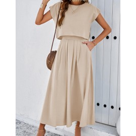 Mingzhu Womens 2 Piece Outfits Skirt Set Summer Casual Cap Sleeve Crop Tops Maxi Dress Sets with Pockets(0919-Khaki-M)