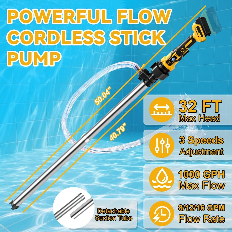 Gpaentsn Stick Water Transfer Pump 950GPH 32FT for Dewalt 20V