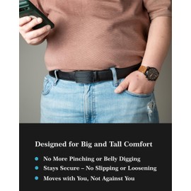 QUALIBELT Big and Tall Genuine Leather Ratchet Belt, Plus Size 1.38" Wide Belt with Slide Buckle, No Pinching, Trim to Fit, Fret Pattern/Black, Waist 50"-60" Adjustable