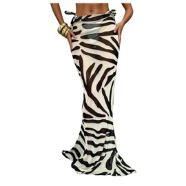 RoseSeek Women's Zebra Striped Swimsuit Coverups Skirts See Through Bodycon Maxi beach Skirt Cover Up Black and White Medium