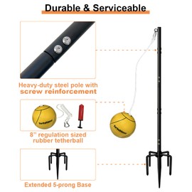 Garbuildman Tetherball Set with Rope for Outdoor Backyard, Adjustable Tether Ball Pole with Screw Reinforcement 5-Prong Base for Playground, Outside Ball Games Sports for Kids & Adults, 7.5 FT