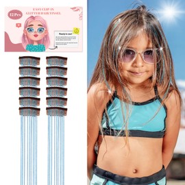 12Pcs Hair Tinsel Clip in Extensions, Hair Tinsel Clip in Extensions for Women and Kids - Sparkling Hair Accessories, Easy to Apply, Perfect for Parties and Special Occasions(Fluorescent Blue)