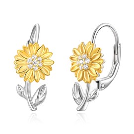 BriLove Sunflower Stud Earrings for Her, 925 Sterling Silver Cubic Zirconia Daisy Flower Hoop Leverback for Women