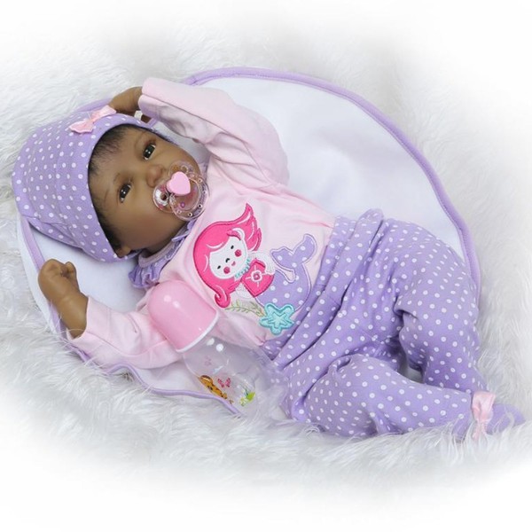 Reborn Baby Doll Girl Real Life Soft Silicone 22" Weighted Body Realistic Newborn Black Baby Dolls African American Cute Girl Doll Gift Set for Ages 3+