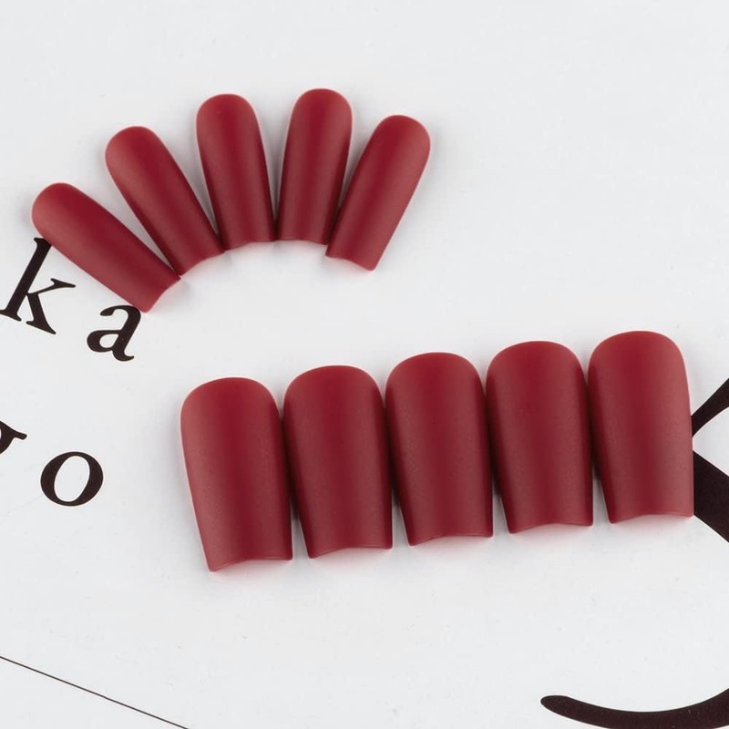 Matte Wine Red Press On Nails Medium Long Square, Medium