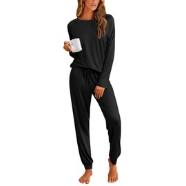Ekouaer Pajamas Womens Long Sleeve Pj Set 2 Piece Loungewear Soft Comfy Sleepwear with Jogger Pants,Black,M