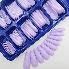100pc Purple Colored Long Coffin False Nails Artificial Acrylic Tips Ballerina Shape XL Press on Fake Nails Manicure Fingernail DIY Decor for Women Girls with Case (Purple)
