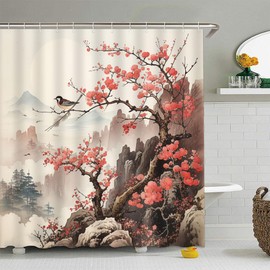 Asian Japanese Shower Curtain Chinese Oriental Mountain Cherry Blossom Spring Landscape Ink Painting Tradition Vintage Floral Bathroom Curtain Set Polyester Fabric Hook 70 X 70 Inch