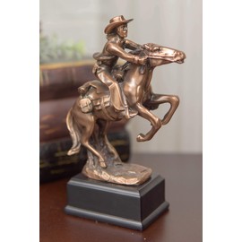 Ebros Giddy Up Wild West Cowboy with Rearing Horse Statue in Bronze Electroplated Resin Finish with Trophy Base Rustic Western Classic Home Decor Figurine Statue of Cowboys Cowgirls Horses Accent