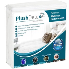 PlushDeluxe Premium Zippered Mattress Encasement, Waterproof, Bed Bug & Dust Mite Proof 6-Sided Protector Cover, Hypoallergenic Cotton Terry Surface (Fits 9-12 Inches H) Twin XL