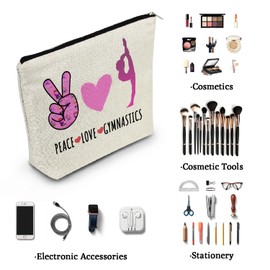YULUENZE Gymnastics Gifts Gymnastics Makeup Bag Gifts for Gymnastics Lovers Players Cosmetic Bag Gifts for Women Sister Friend BFF Bestie - Peace Love Gymnastics