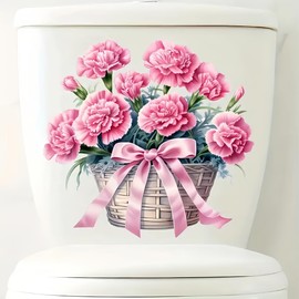 TOLOVIS Pink Bow Rose Toilet Cover Sticker Decals,Flower leaf bird Waterproof Toilet Lid Tank Seat Decals Cistern Self-Adhesive Bathroom Wall Sticker