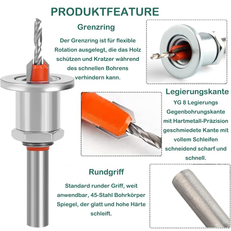 KEWAYO Countersink Drill Wood Set, 8 mm Drill Countersink with
