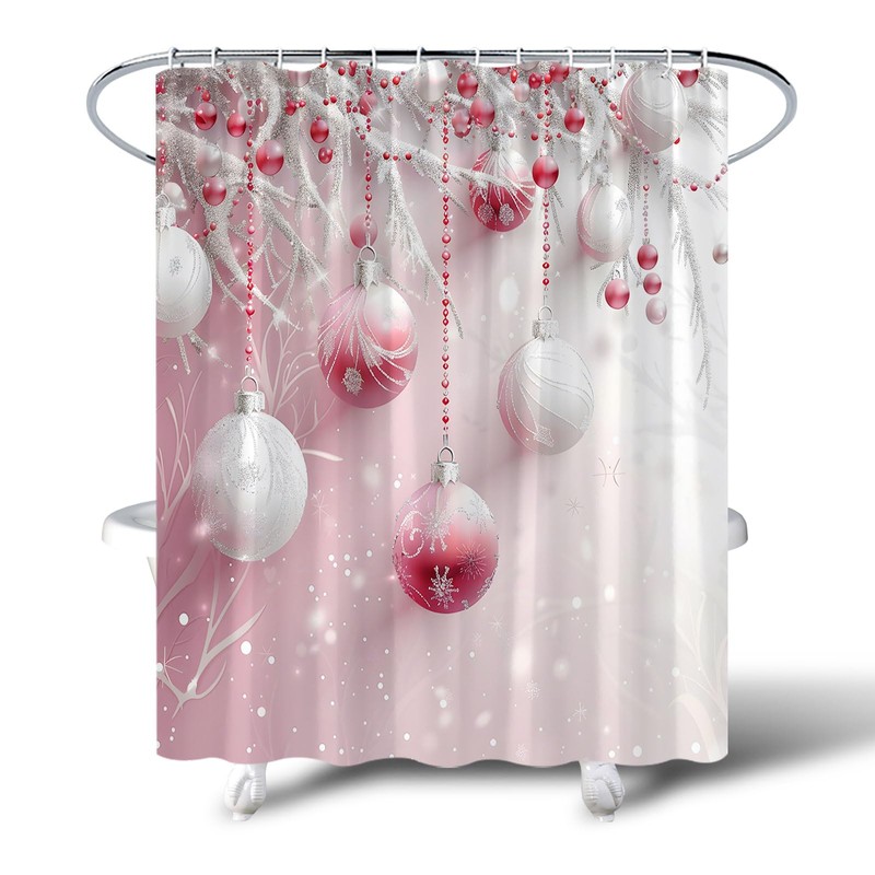 Pink Christmas Ball Shower Curtain Dreamy Snowflake Pine Twig, 70x70Inch