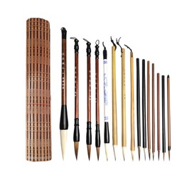 SWTHM 15Pcs Chinese Writing Brushes, Chinese Calligraphy Brushes with Roll-Up Brush Holder Kanji Japanese Sumi Painting Drawing Brushes Art Brushes for Watercolor Art Ceramic Ink Painting Writing